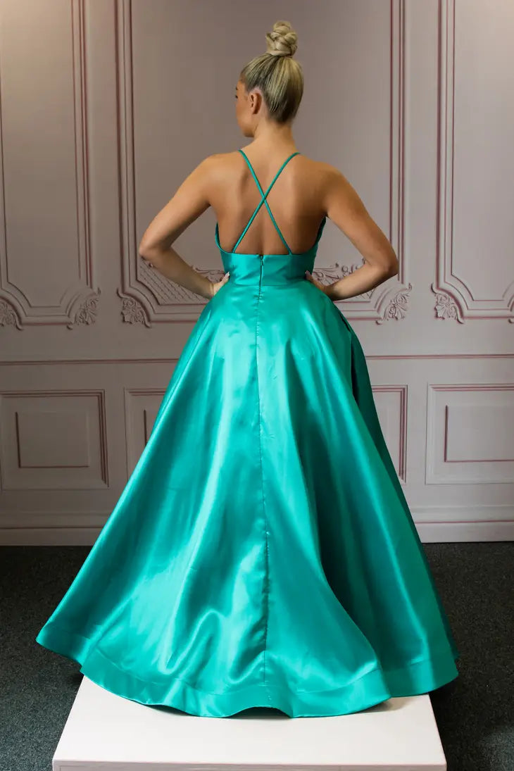 Green Satin Deep V Dress