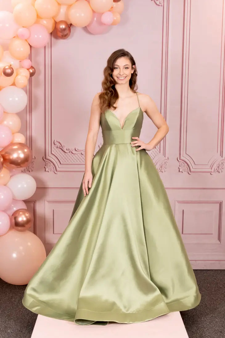 Green Satin Deep V Dress