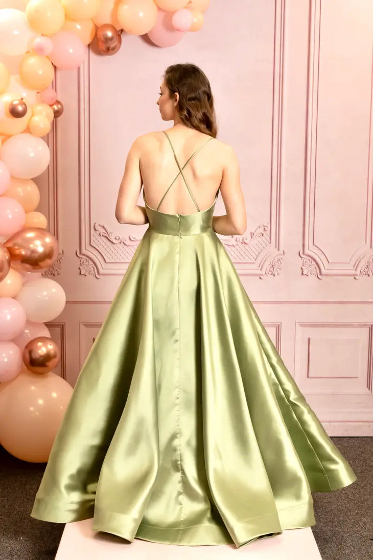 Green Satin Deep V Dress