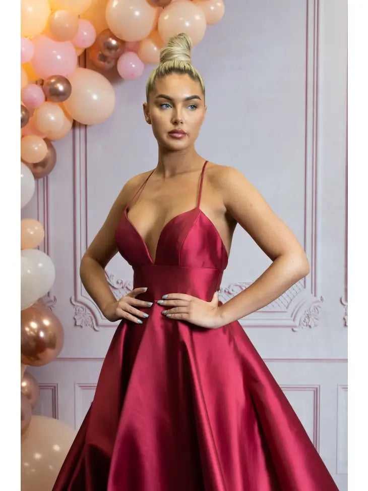 Red Satin Deep V Dress