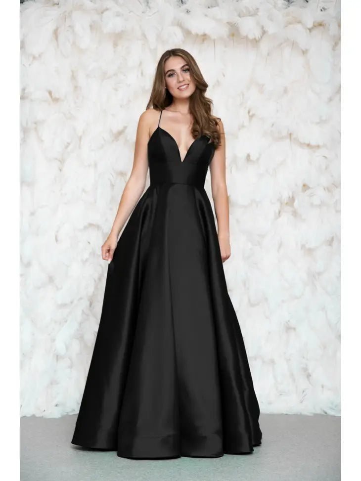 Black Satin Deep V Dress