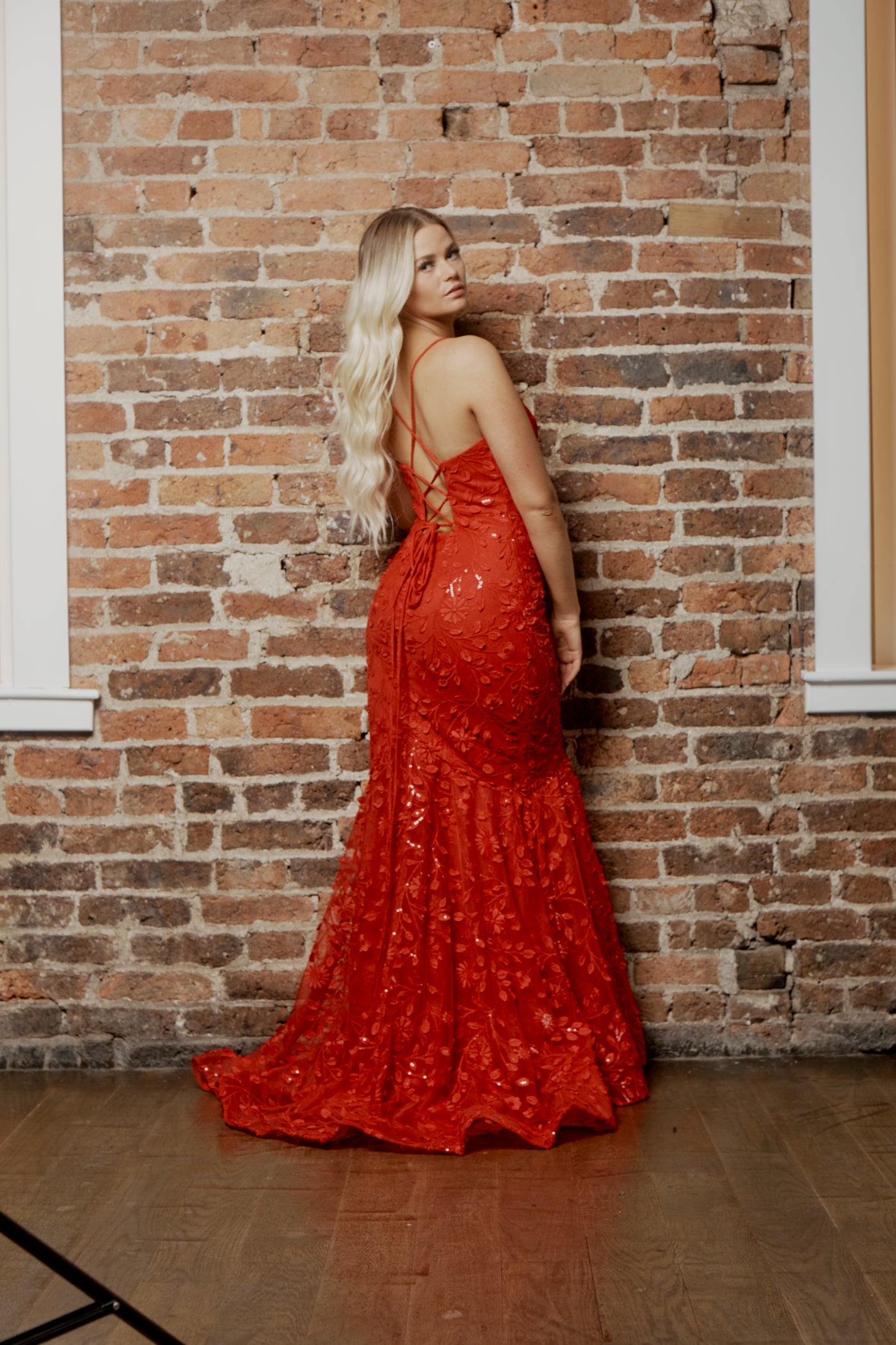 red floral prom dress