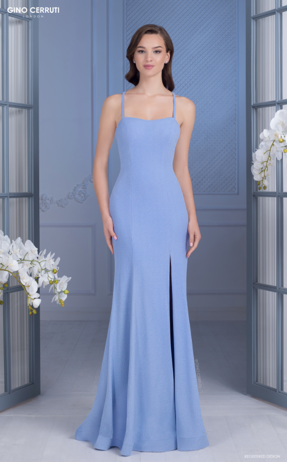 Baby blue fitted prom dress with open back