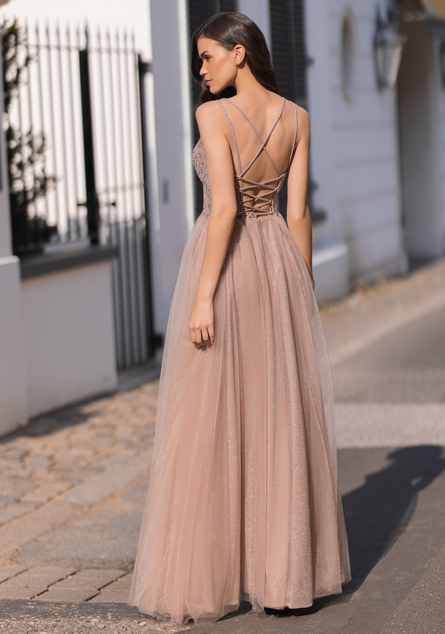 pink glitter prom dress