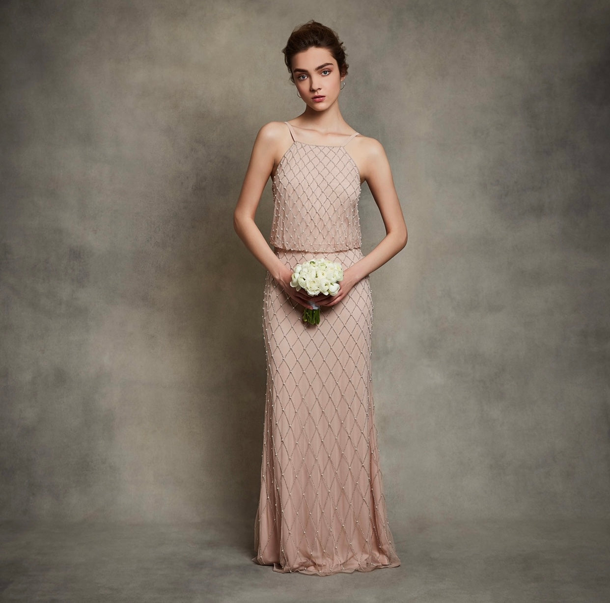 Diamond effect beaded evening dress