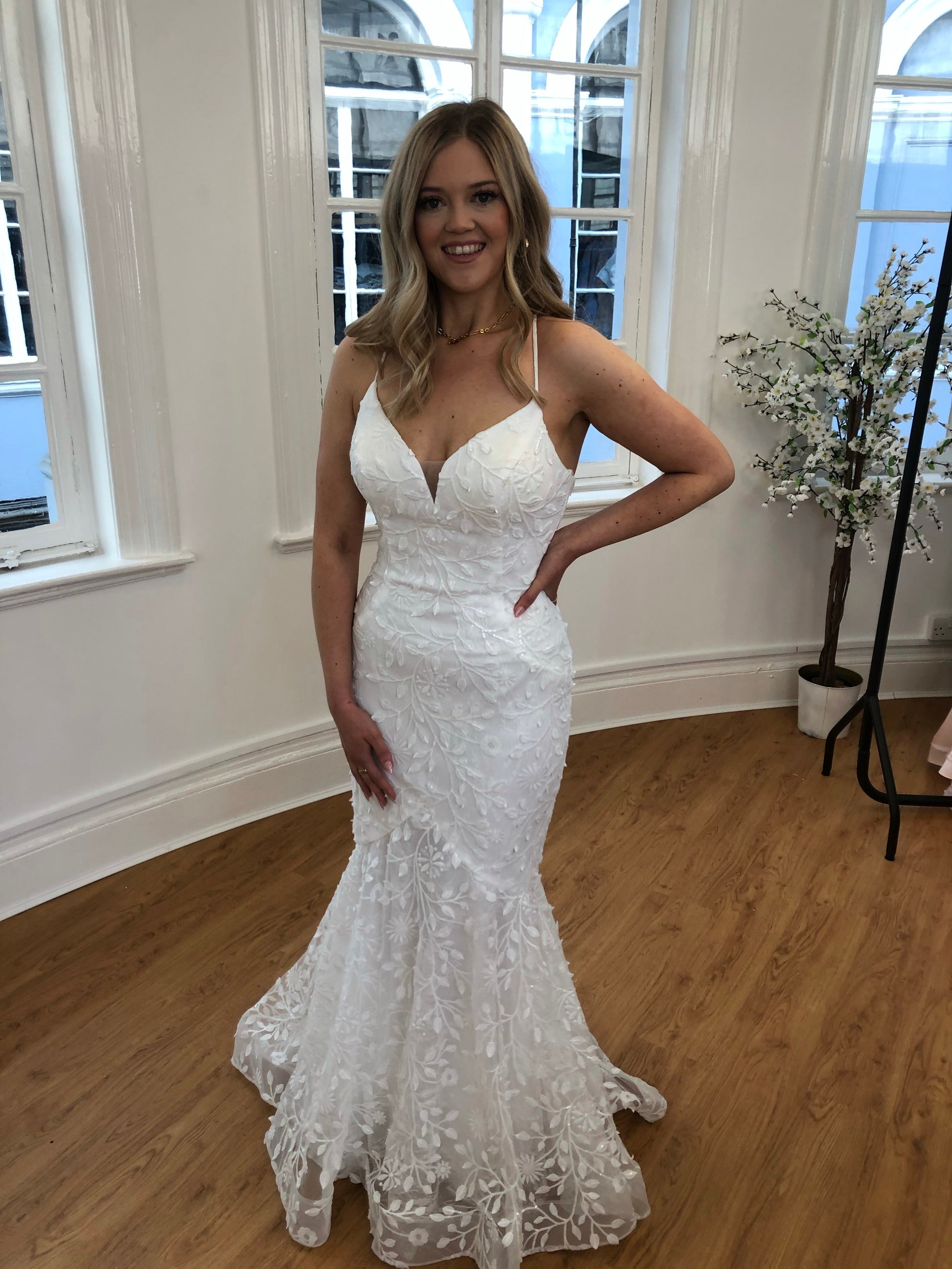 white lace prom dress